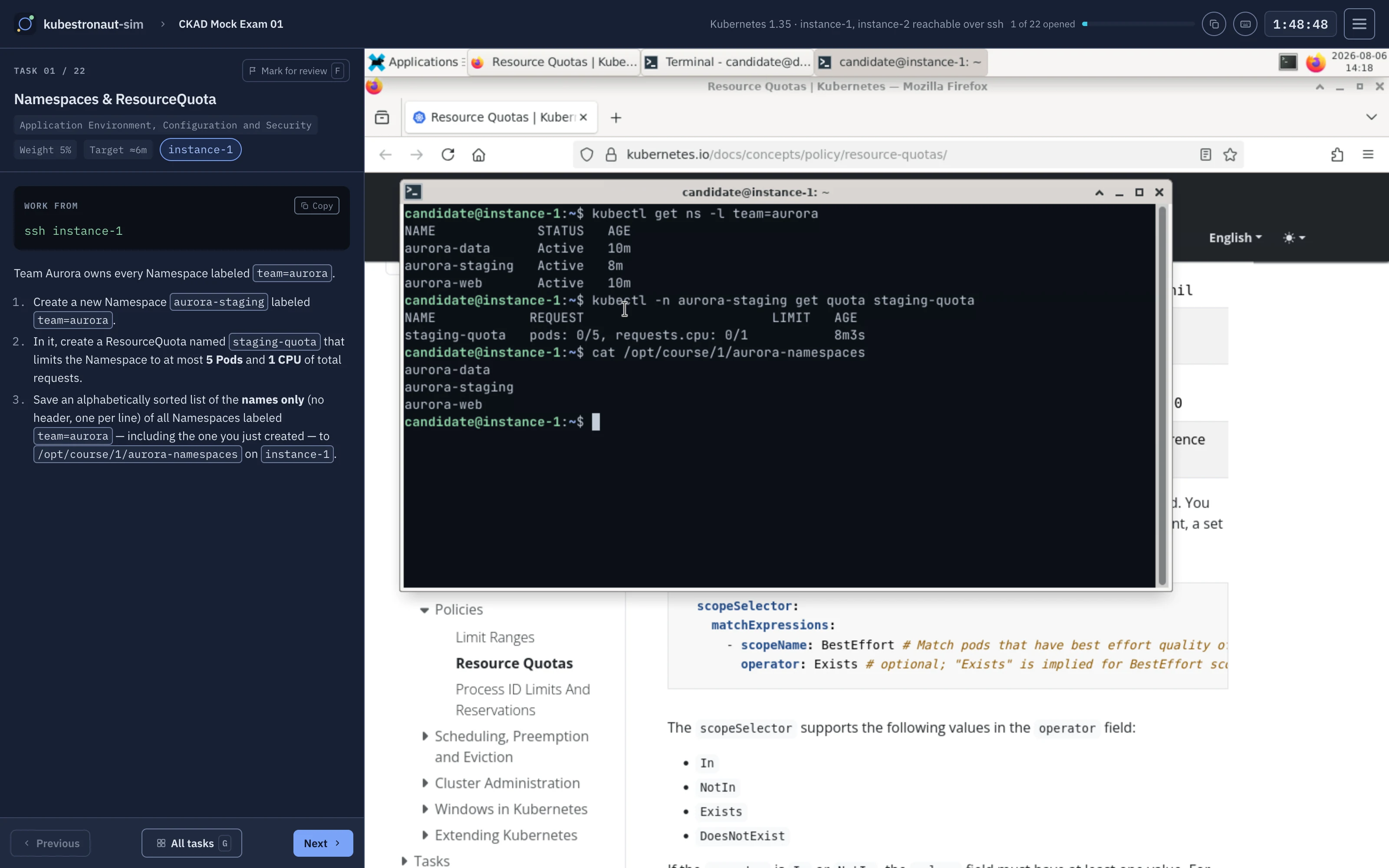 Exam view: task on the left, Linux desktop with terminal and Kubernetes docs on the right