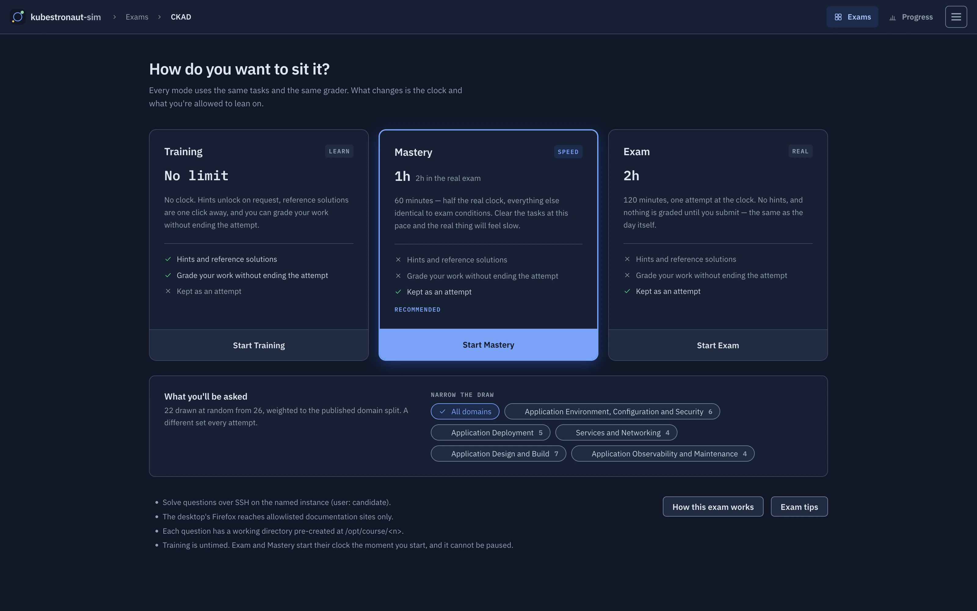 Mode screen: Training, Mastery and Exam side by side with domain chips to narrow the draw